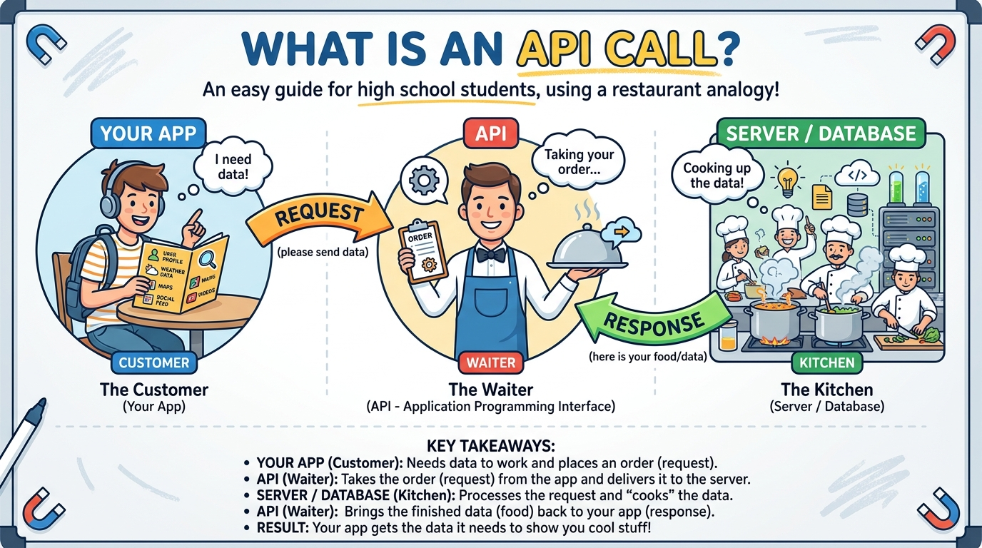 Restaurant analogy for an API: your app is the customer, the API is the waiter carrying a request, the server/database is the kitchen sending back a response.