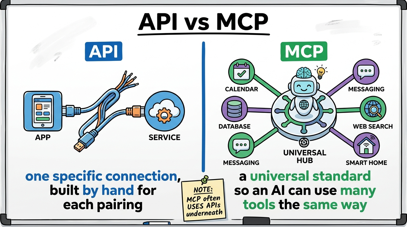 Side by side: API is a single custom cable between one app and one service; MCP is a universal hub connecting one AI to many tools. Note: MCP often uses APIs underneath.