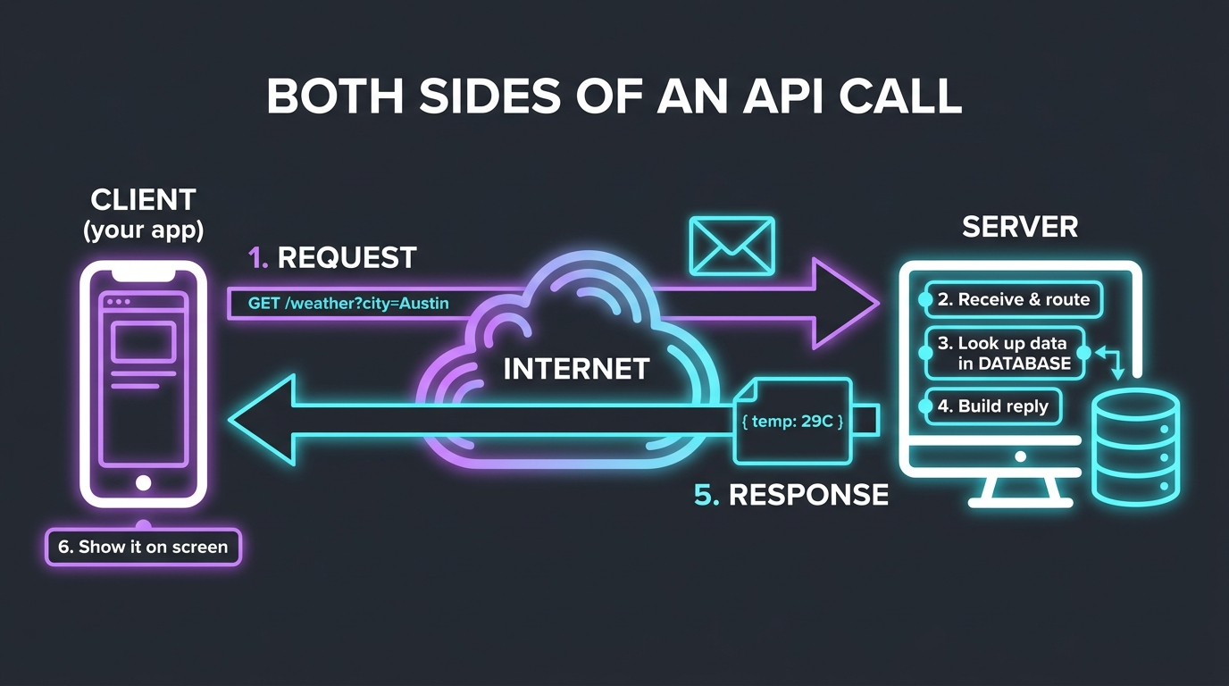 Both sides of an API call: the client sends a request across the internet, the server receives it, looks up data in a database, builds a reply, and the response travels back to the client to be shown on screen.
