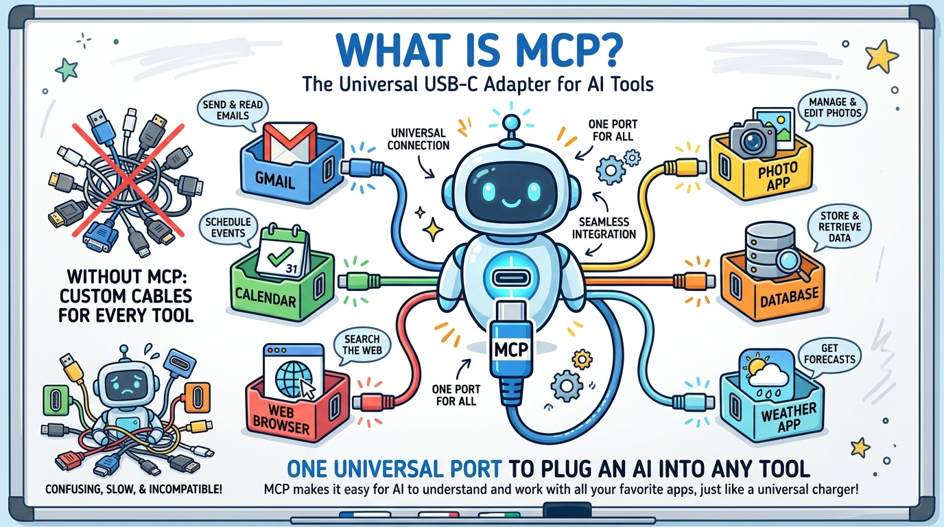 MCP as a universal USB-C plug: one AI assistant connects through a single standard port to many tools — Gmail, Calendar, a photo app, a database, a browser, weather.