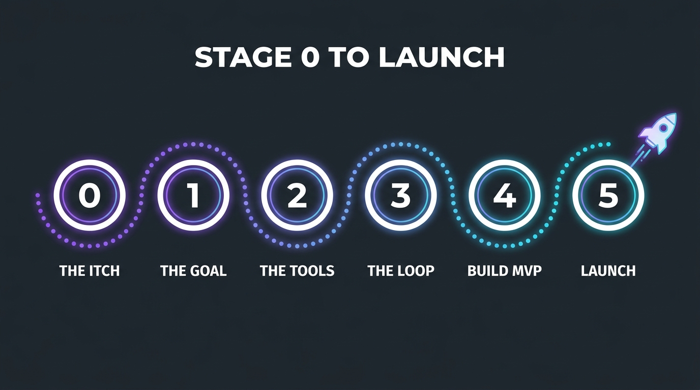 A roadmap from Stage 0 (the itch) through goal, tools, the loop, build MVP, to launch.