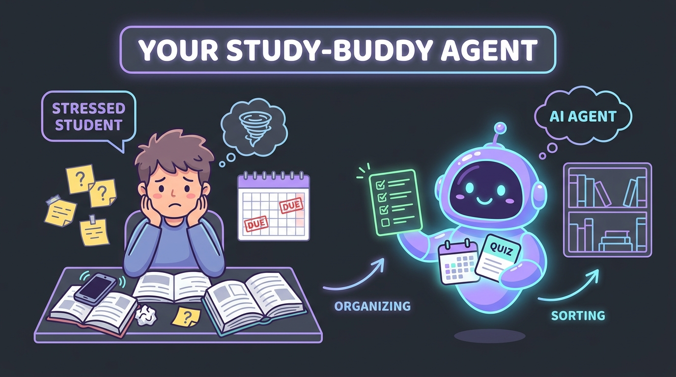 A stressed student at a messy desk on one side, and a friendly AI agent organizing their calendar, checklist, and quiz cards on the other.
